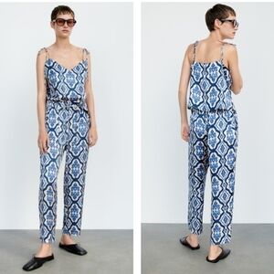 Zara Satin Silky Abstract Print Joggers And Tied Top Set In Cream & Blue Size S